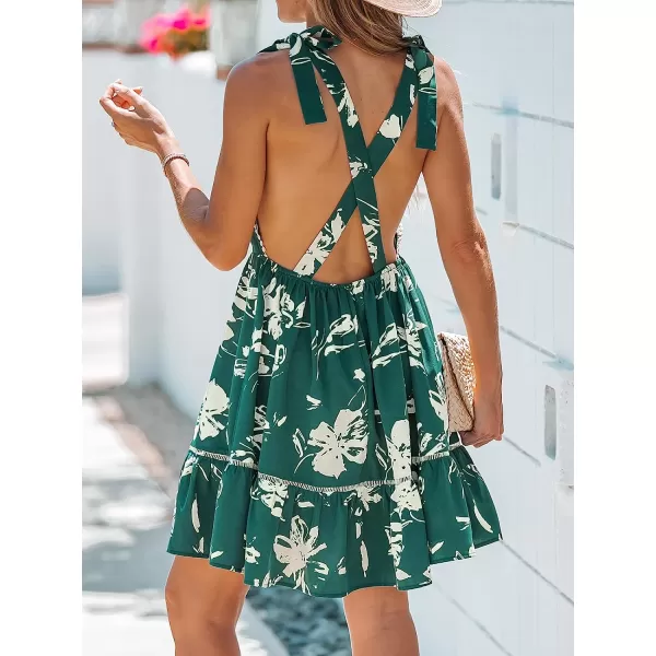 imageCUPSHE Womens V Neck Floral Print Sleeveless Mini Dress Tie Straps Flounce Short Casual DressGreen