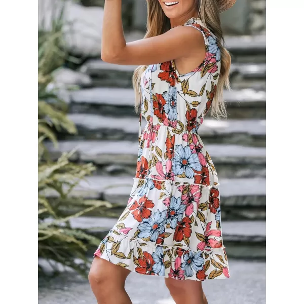 imageCUPSHE Womens V Neck Floral Print Sleeveless Tiered Ruffled Trim Mini Dress Casual Short DressPinkampblue