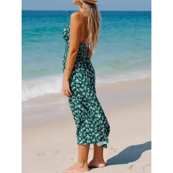 imageCUPSHE Womens V Neck Floral Smocked Midi Dress Spaghetti Straps Slip A Line DressGreen