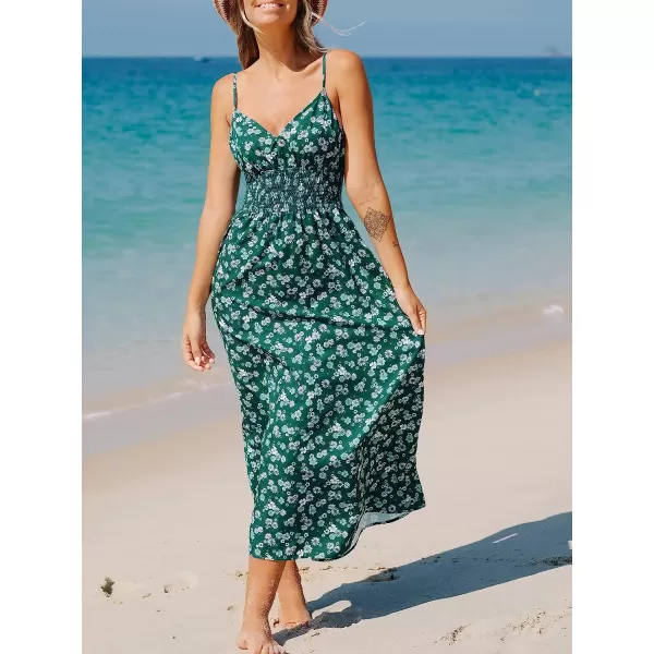 imageCUPSHE Womens V Neck Floral Smocked Midi Dress Spaghetti Straps Slip A Line DressGreen