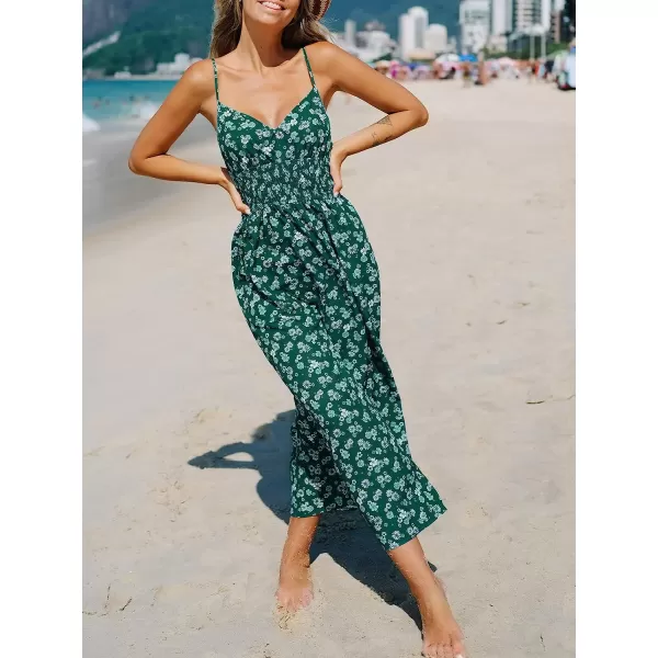 imageCUPSHE Womens V Neck Floral Smocked Midi Dress Spaghetti Straps Slip A Line DressGreen
