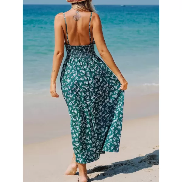 imageCUPSHE Womens V Neck Floral Smocked Midi Dress Spaghetti Straps Slip A Line DressGreen