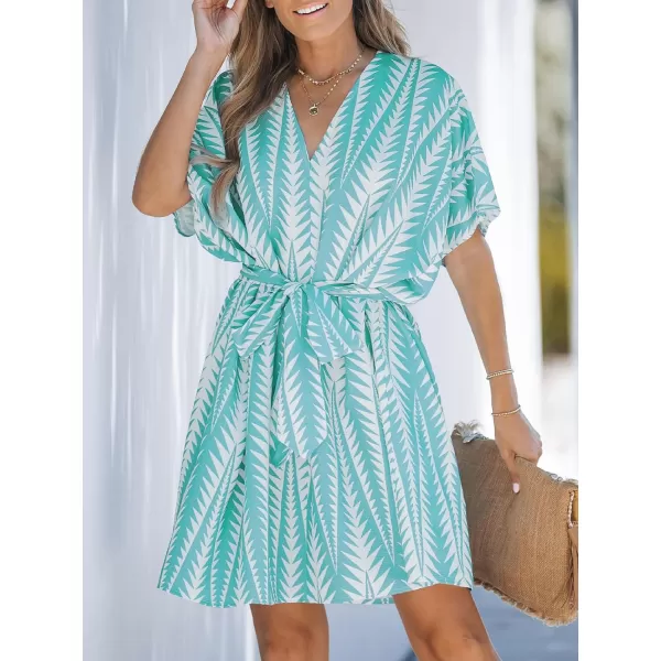 imageCUPSHE Womens V Neck Geo Print Dolman Sleeve Loose Fitted Belt Beach Summer Mini DressMint
