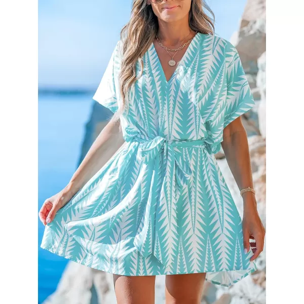 imageCUPSHE Womens V Neck Geo Print Dolman Sleeve Loose Fitted Belt Beach Summer Mini DressMint