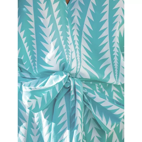 imageCUPSHE Womens V Neck Geo Print Dolman Sleeve Loose Fitted Belt Beach Summer Mini DressMint
