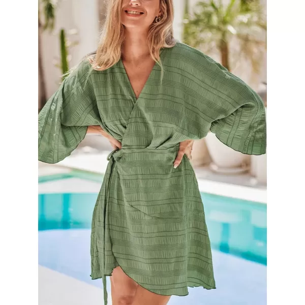 imageCUPSHE Womens V Neck Half Dolman Sleeve Warp Pleated Fitted A Line Mini Dress Sage GreenSage Green