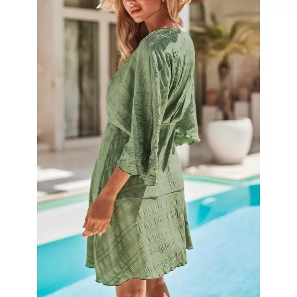 imageCUPSHE Womens V Neck Half Dolman Sleeve Warp Pleated Fitted A Line Mini Dress Sage GreenSage Green