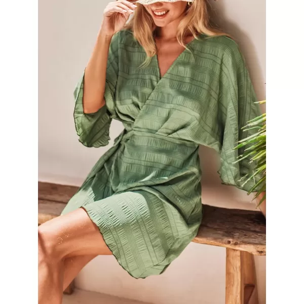 imageCUPSHE Womens V Neck Half Dolman Sleeve Warp Pleated Fitted A Line Mini Dress Sage GreenSage Green