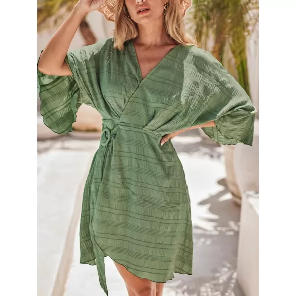 imageCUPSHE Womens V Neck Half Dolman Sleeve Warp Pleated Fitted A Line Mini Dress Sage GreenSage Green