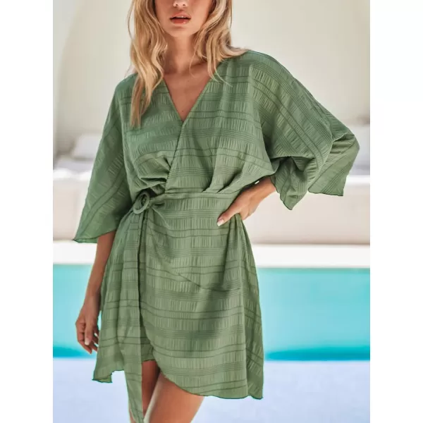 imageCUPSHE Womens V Neck Half Dolman Sleeve Warp Pleated Fitted A Line Mini Dress Sage GreenSage Green