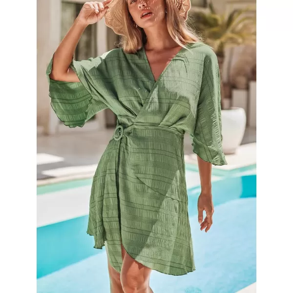 imageCUPSHE Womens V Neck Half Dolman Sleeve Warp Pleated Fitted A Line Mini Dress Sage GreenSage Green