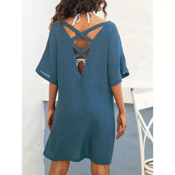 imageCUPSHE Womens V Neck Half Sleeve Short CoverUp Cutout Back Mini DressBlue