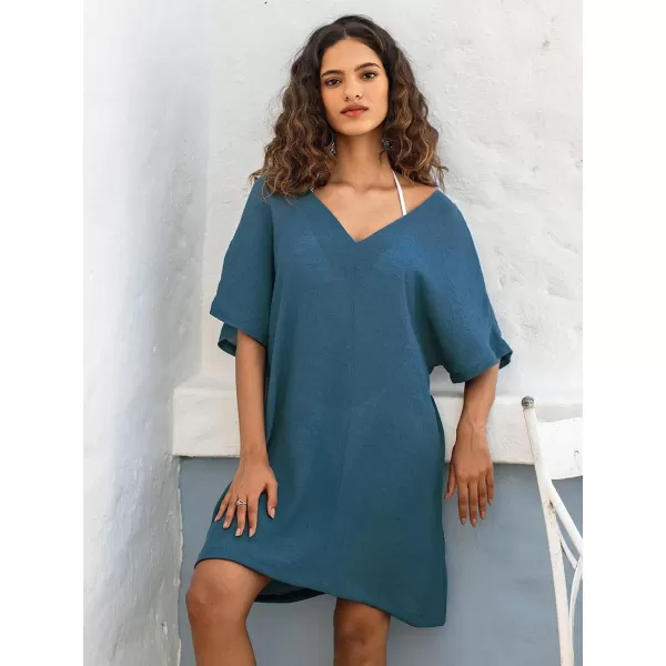 imageCUPSHE Womens V Neck Half Sleeve Short CoverUp Cutout Back Mini DressBlue