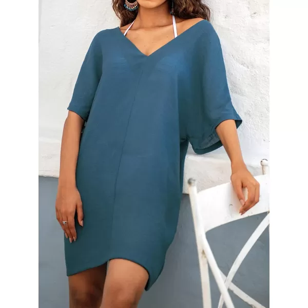 imageCUPSHE Womens V Neck Half Sleeve Short CoverUp Cutout Back Mini DressBlue