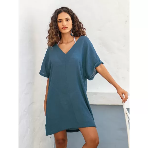 imageCUPSHE Womens V Neck Half Sleeve Short CoverUp Cutout Back Mini DressBlue
