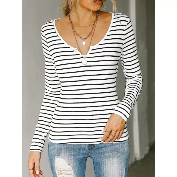 imageCUPSHE Womens V Neck Knit Blouse Classic Fall Long Sleeves Tops Work Shirts with Striped PatternWhite