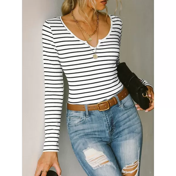 imageCUPSHE Womens V Neck Knit Blouse Classic Fall Long Sleeves Tops Work Shirts with Striped PatternWhite