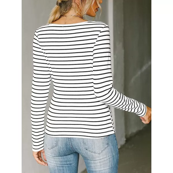 imageCUPSHE Womens V Neck Knit Blouse Classic Fall Long Sleeves Tops Work Shirts with Striped PatternWhite