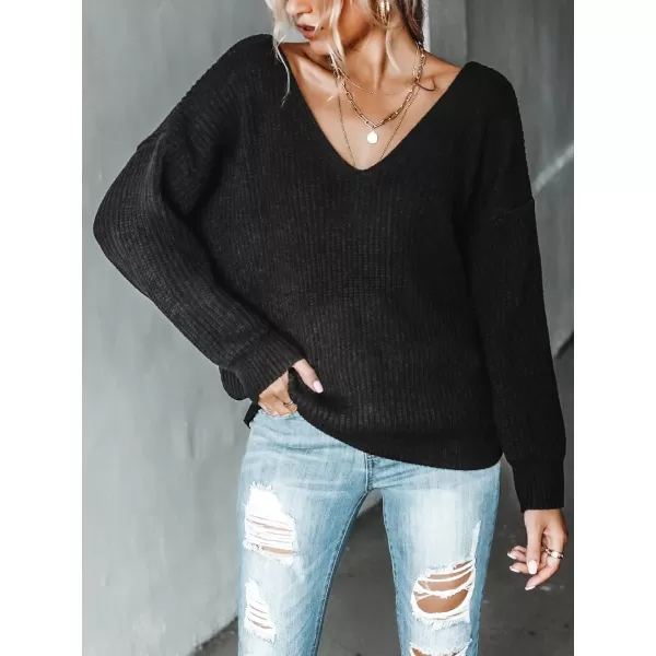 imageCUPSHE Womens V Neck Knit Sweaters Casual Pullover Oversized Fit Top with Long SleevesBlack