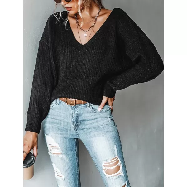 imageCUPSHE Womens V Neck Knit Sweaters Casual Pullover Oversized Fit Top with Long SleevesBlack