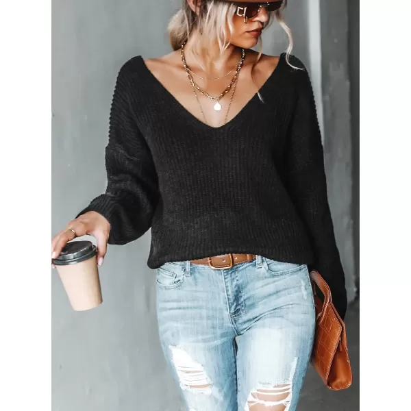 imageCUPSHE Womens V Neck Knit Sweaters Casual Pullover Oversized Fit Top with Long SleevesBlack