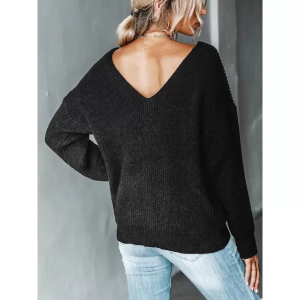 imageCUPSHE Womens V Neck Knit Sweaters Casual Pullover Oversized Fit Top with Long SleevesBlack