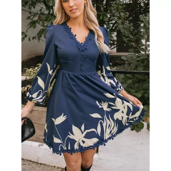 imageCUPSHE Womens V Neck Lace Dress Floral Embroidered Dresses Long Blouson Sleeves A Line Mini DressNavy Blue