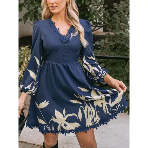 imageCUPSHE Womens V Neck Lace Dress Floral Embroidered Dresses Long Blouson Sleeves A Line Mini DressNavy Blue