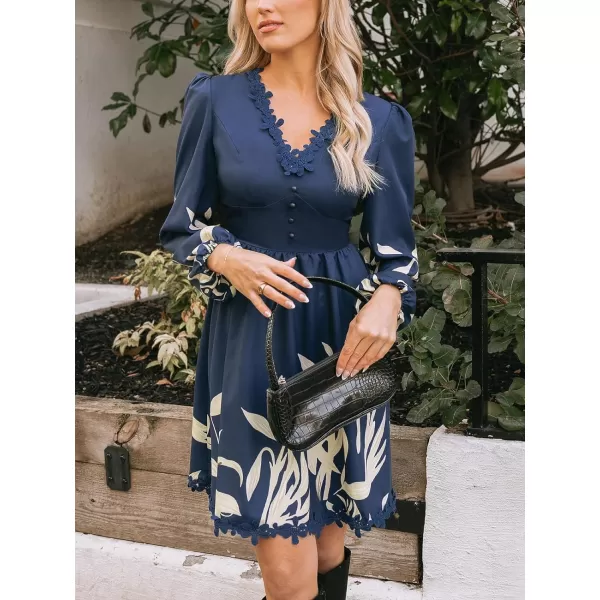 imageCUPSHE Womens V Neck Lace Dress Floral Embroidered Dresses Long Blouson Sleeves A Line Mini DressNavy Blue