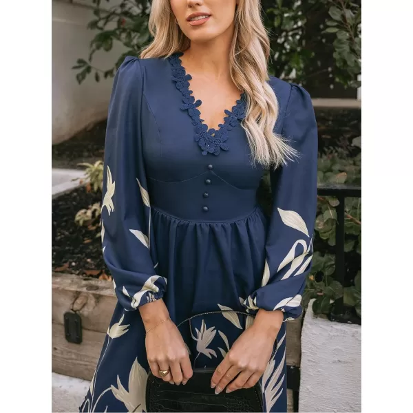 imageCUPSHE Womens V Neck Lace Dress Floral Embroidered Dresses Long Blouson Sleeves A Line Mini DressNavy Blue