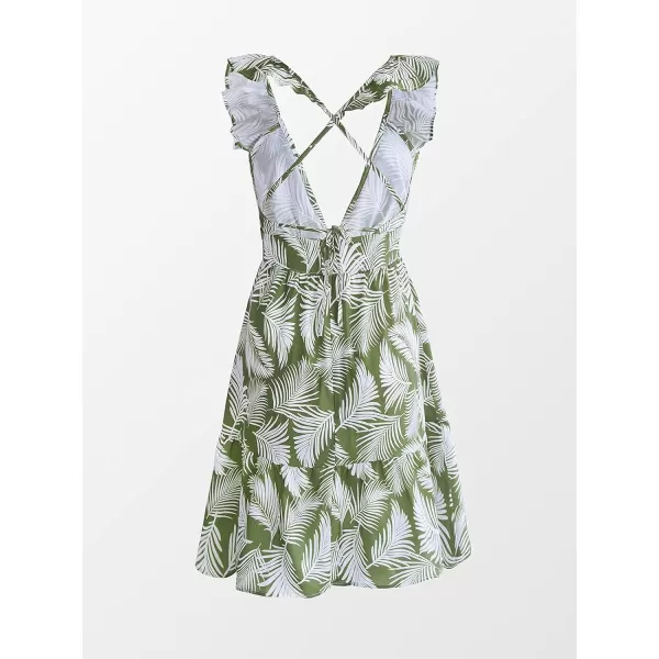 imageCUPSHE Womens V Neck Leafy Ruffle Trim Dress Above The Knee Length DressGreen