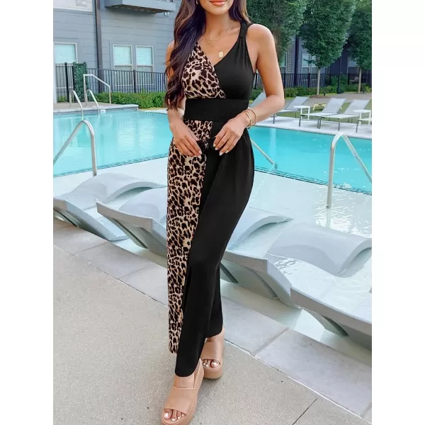 imageCUPSHE Womens V Neck Leopard Print Sleeveless TwoTone Maxi Dress Casual A Line Summer Long DressBlack