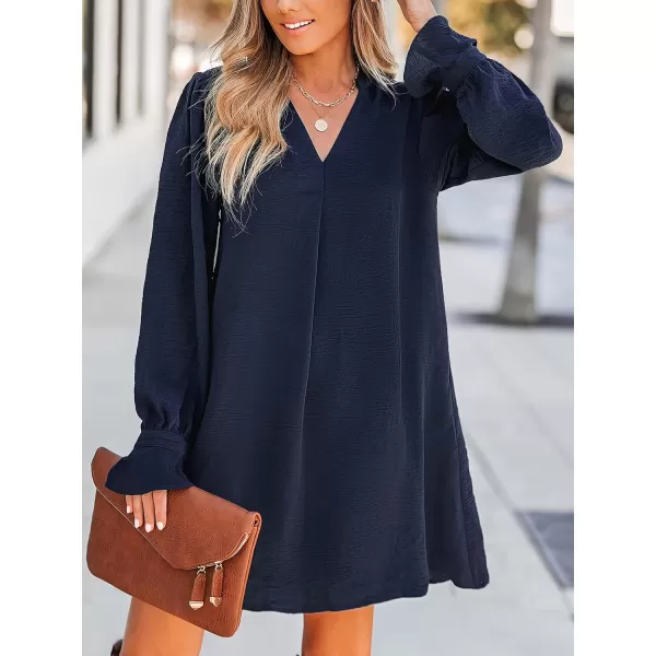imageCUPSHE Womens V Neck Long Puff Sleeve Ruching A Line Dress Navy BlueNavy Blue