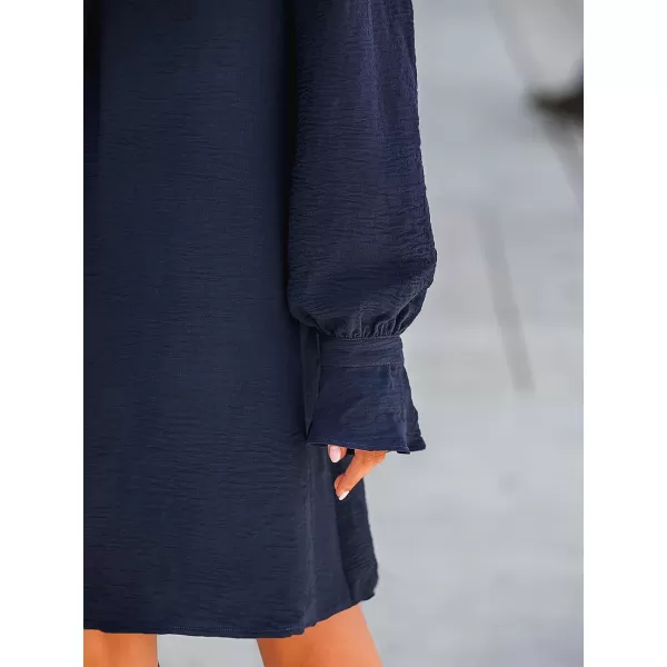 imageCUPSHE Womens V Neck Long Puff Sleeve Ruching A Line Dress Navy BlueNavy Blue