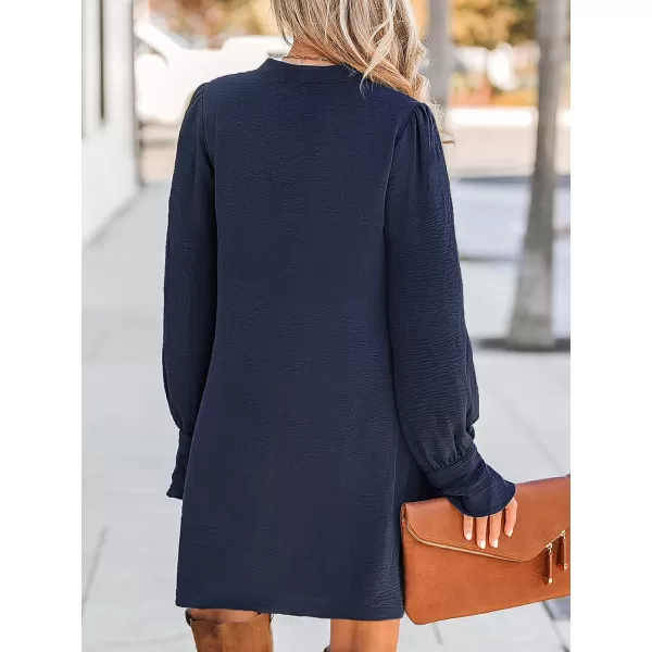imageCUPSHE Womens V Neck Long Puff Sleeve Ruching A Line Dress Navy BlueNavy Blue