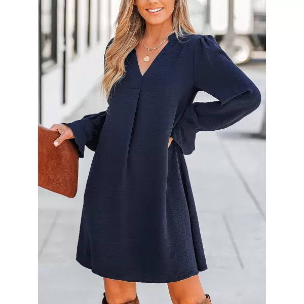imageCUPSHE Womens V Neck Long Puff Sleeve Ruching A Line Dress Navy BlueNavy Blue