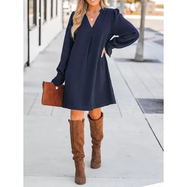 imageCUPSHE Womens V Neck Long Puff Sleeve Ruching A Line Dress Navy BlueNavy Blue