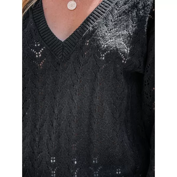 imageCUPSHE Womens V Neck Long Sleeve Casual Hollow Out Sweater Pointelle Knit Tops Warm Pullover SweaterBlack
