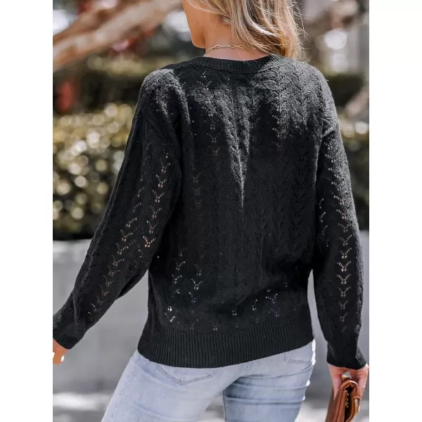 imageCUPSHE Womens V Neck Long Sleeve Casual Hollow Out Sweater Pointelle Knit Tops Warm Pullover SweaterBlack