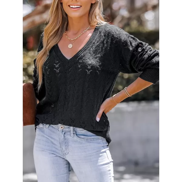 imageCUPSHE Womens V Neck Long Sleeve Casual Hollow Out Sweater Pointelle Knit Tops Warm Pullover SweaterBlack