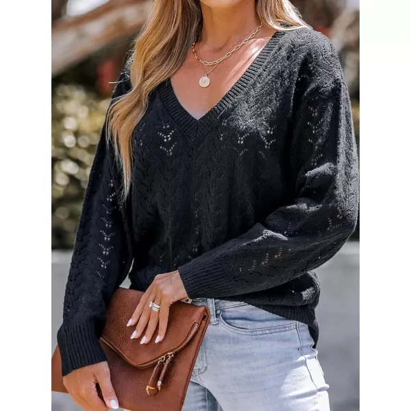 imageCUPSHE Womens V Neck Long Sleeve Casual Hollow Out Sweater Pointelle Knit Tops Warm Pullover SweaterBlack