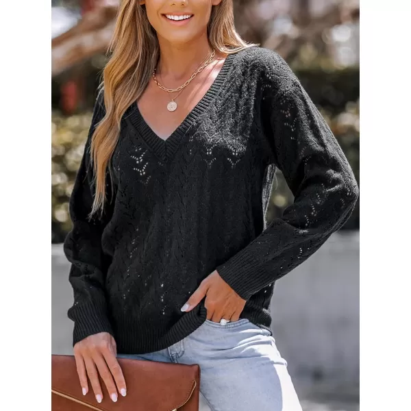imageCUPSHE Womens V Neck Long Sleeve Casual Hollow Out Sweater Pointelle Knit Tops Warm Pullover SweaterBlack