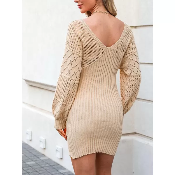 imageCUPSHE Womens V Neck Long Sleeve Casual Sweater Dress Knit Warm Bodycon Pullover SweaterTan