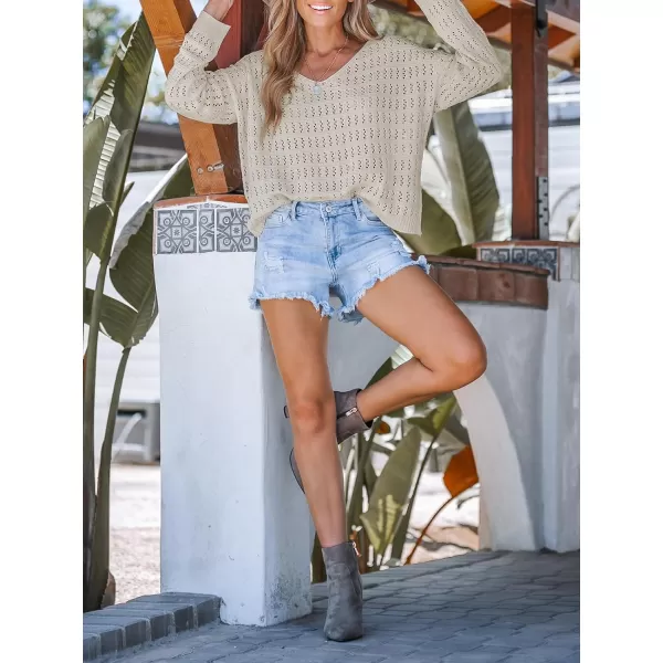imageCUPSHE Womens V Neck Long Sleeve Crochet Apricot Coverup Top Winter Casual Knit Pullover SweaterApricot
