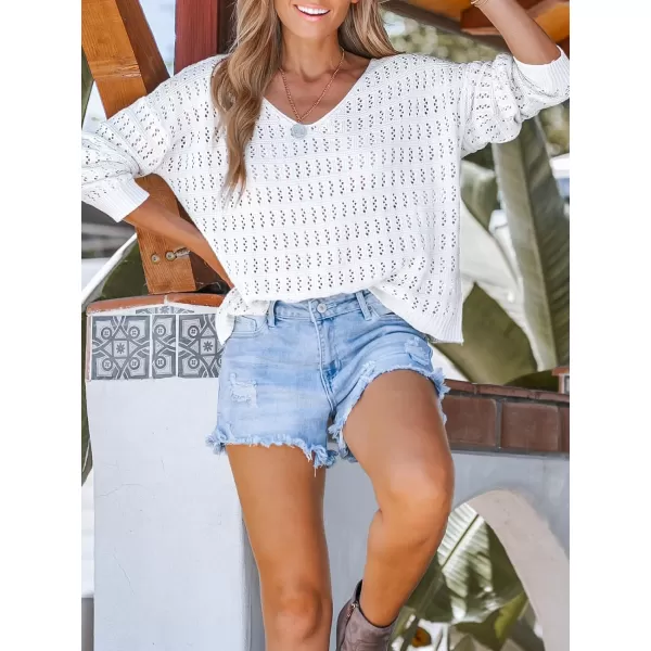imageCUPSHE Womens V Neck Long Sleeve Crochet Apricot Coverup Top Winter Casual Knit Pullover SweaterWhite