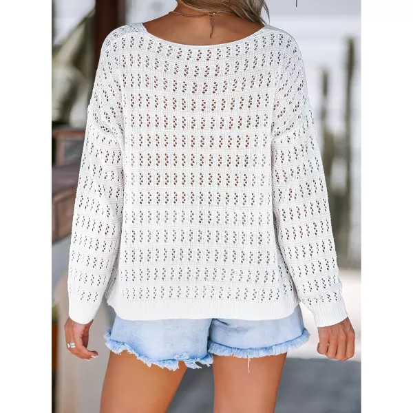 imageCUPSHE Womens V Neck Long Sleeve Crochet Apricot Coverup Top Winter Casual Knit Pullover SweaterWhite