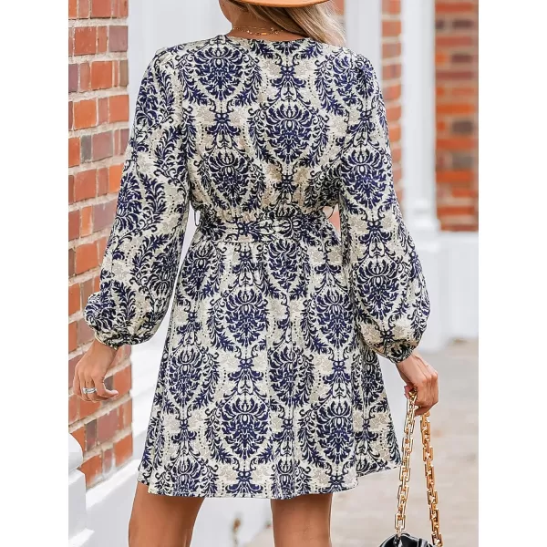 imageCUPSHE Womens V Neck Long Sleeve Floral Print Belted Mini Dress Casual A Line Short DressBlue
