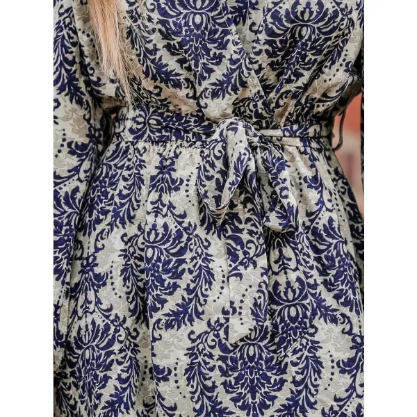 imageCUPSHE Womens V Neck Long Sleeve Floral Print Belted Mini Dress Casual A Line Short DressBlue