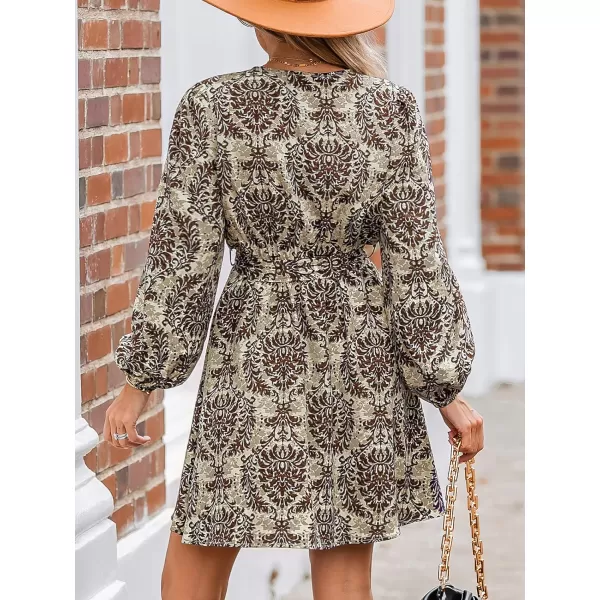 imageCUPSHE Womens V Neck Long Sleeve Floral Print Belted Mini Dress Casual A Line Short DressCoffee