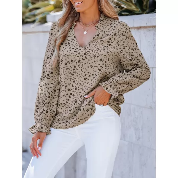 imageCUPSHE Womens V Neck Long Sleeve Ruffled Top Blouse Ditsy Floral Print Shirt TopSand